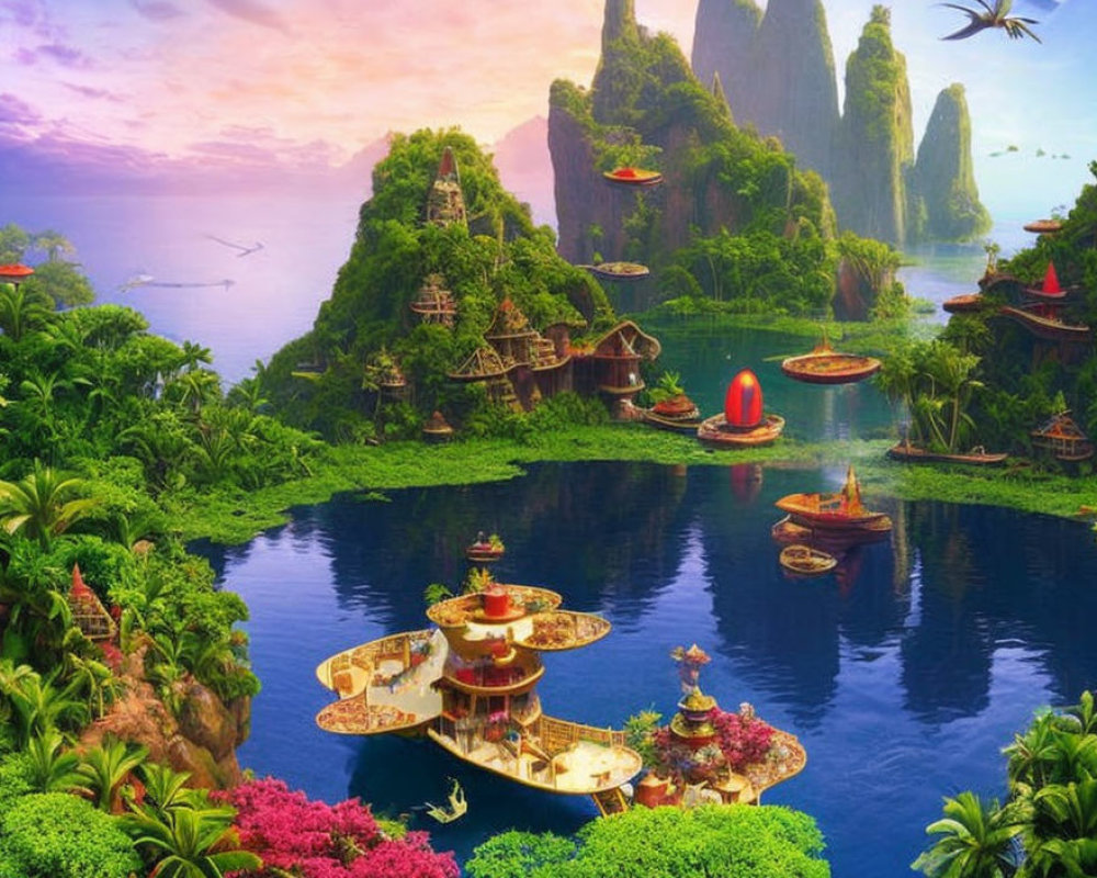 Fantasy landscape with floating islands, lush greenery, towering peaks, traditional buildings, and a serene
