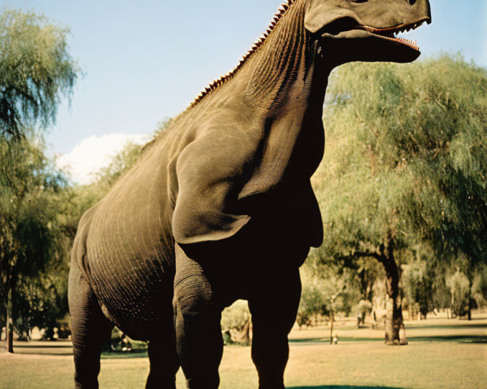 Realistic large brown dinosaur model in lush park setting