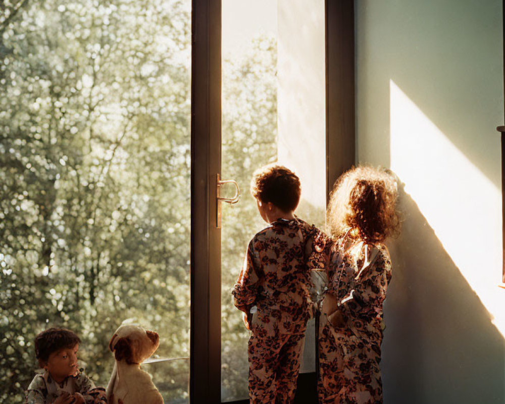 Children in pajamas by glass door, plush toys, and lush greenery view in cozy room