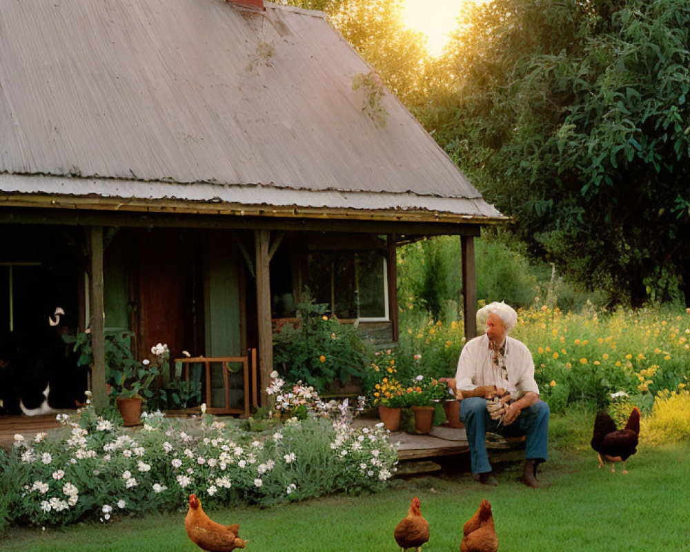 Elderly Man Sitting Outdoors with Chickens and Flowers at Sunset