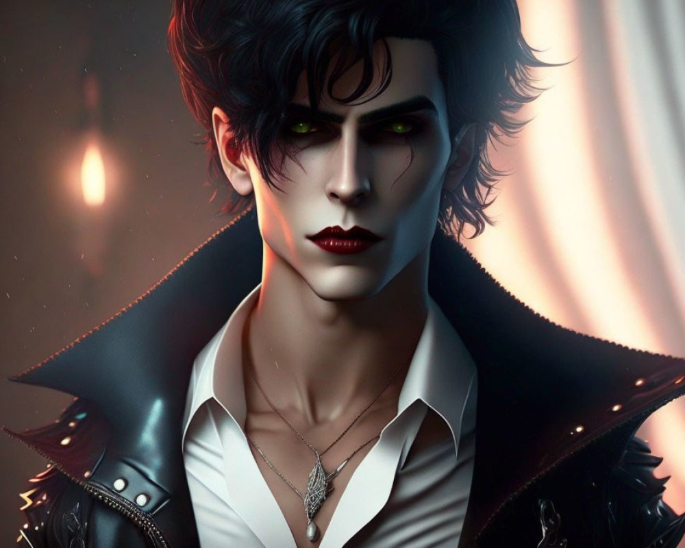 Male vampire with pale skin, black hair, green eyes, fangs, white shirt, black leather