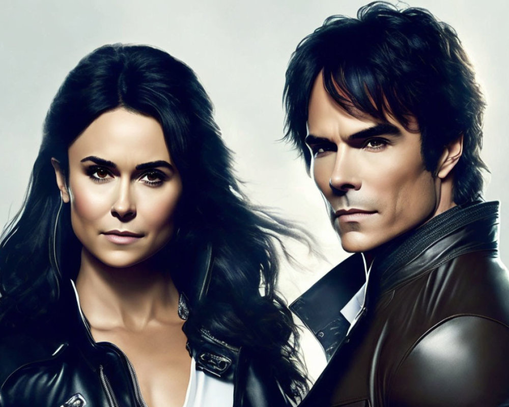 Intense gazes: man and woman in leather jackets