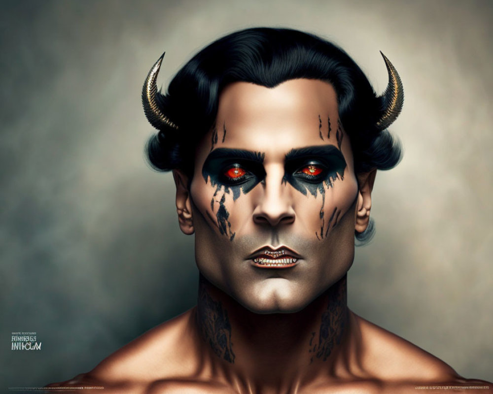 Malevolent aesthetic portrait with horn prosthetics, black eye makeup, orange accents, and tribal tattoos.