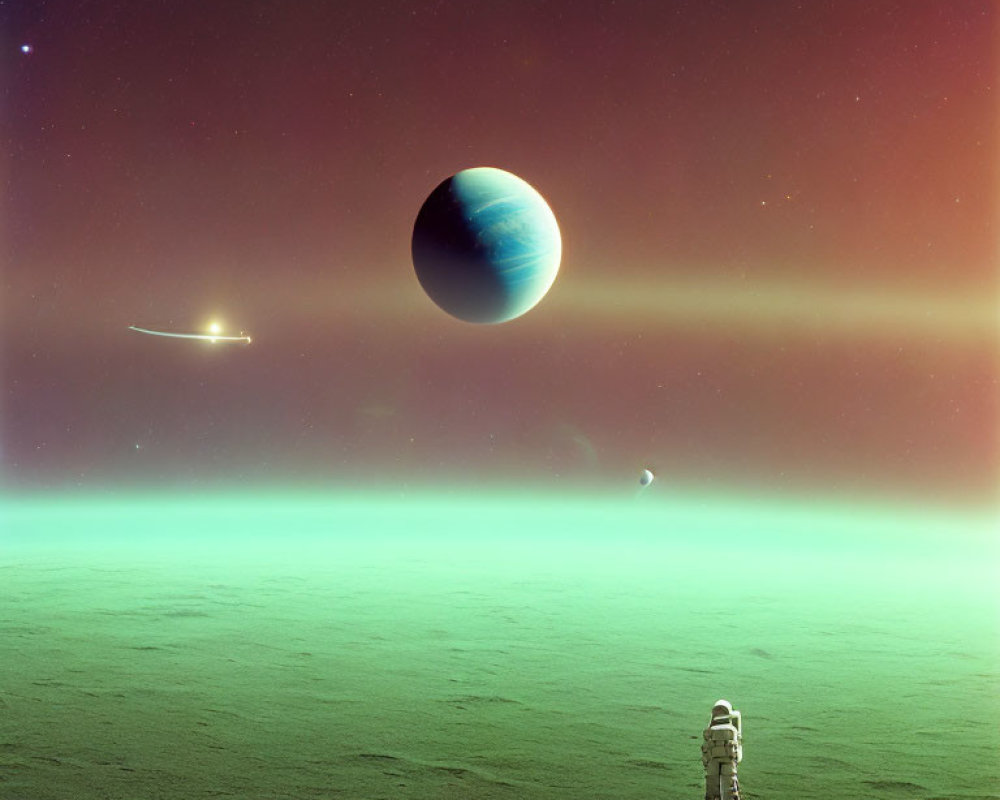 Astronaut on alien planet with ringed planet, stars, and comet in sky
