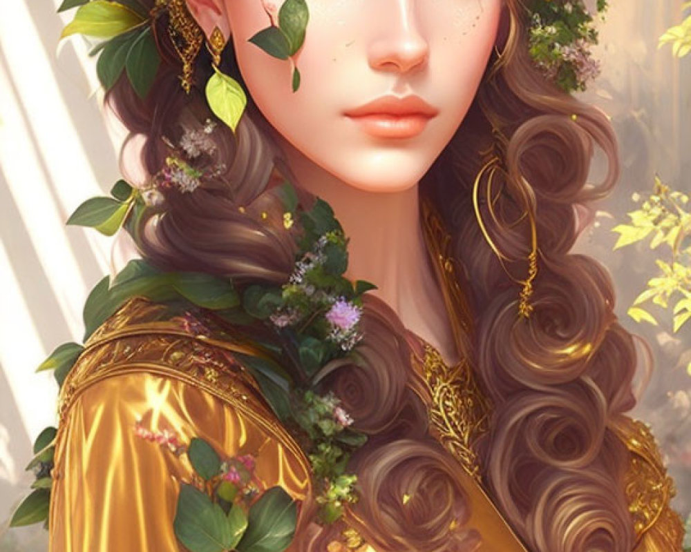 Illustrated woman with golden hair and floral crown in serene forest setting