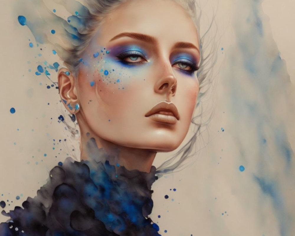 Stylized portrait of woman with blue eyes in dark clothing and ink splashes