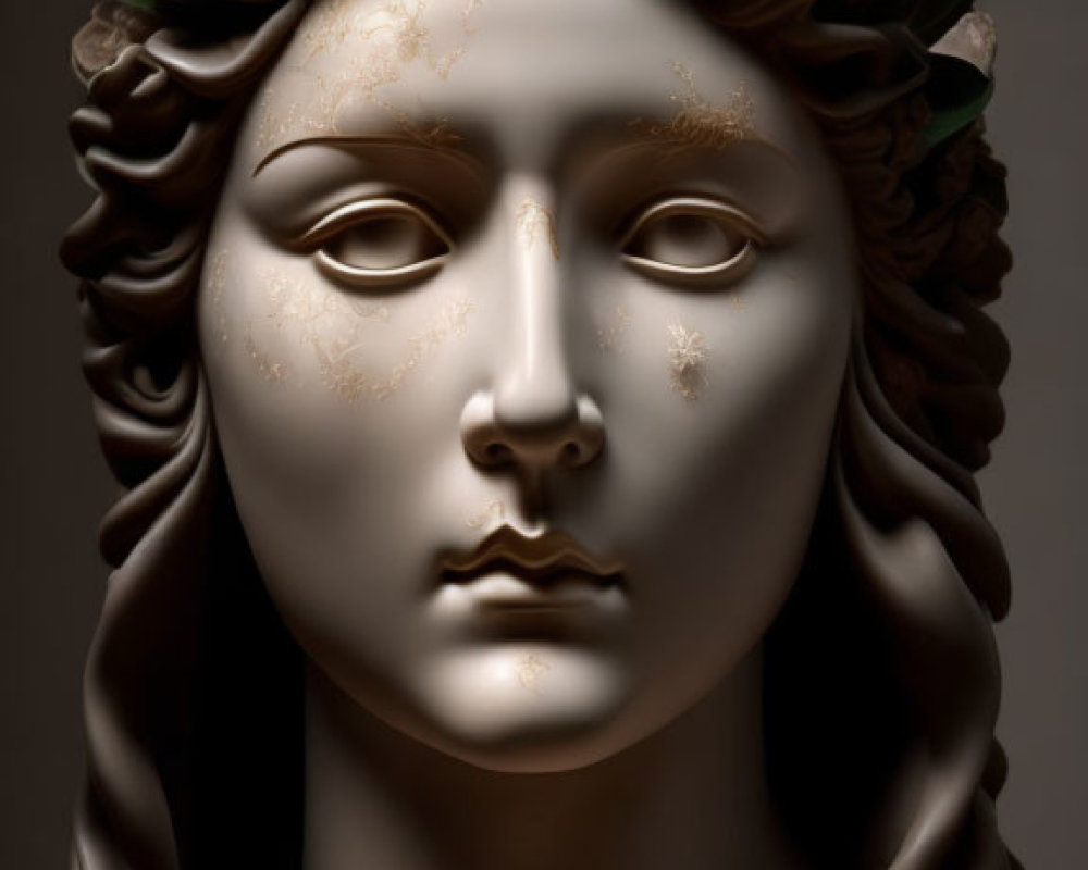 Classical bust sculpture with serene expression and laurel wreath.