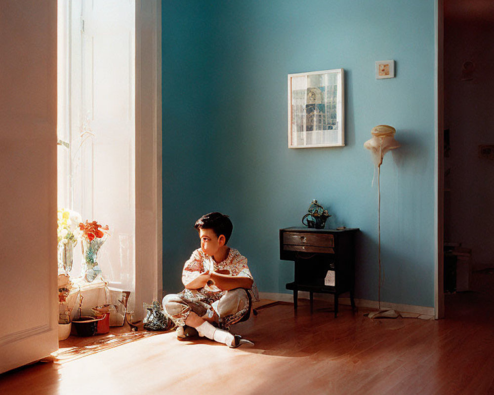 Child sitting in sunlit room near vintage cabinet and standing lamp