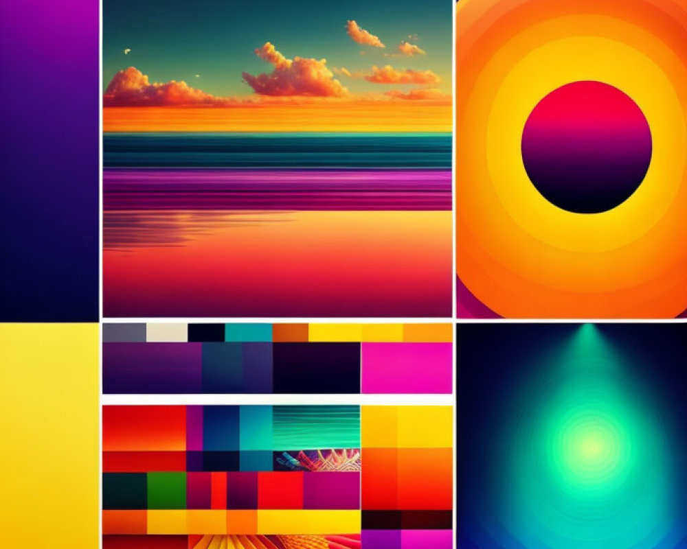 Colorful Abstract and Landscape Collage with Geometric Shapes and Beach Sunset