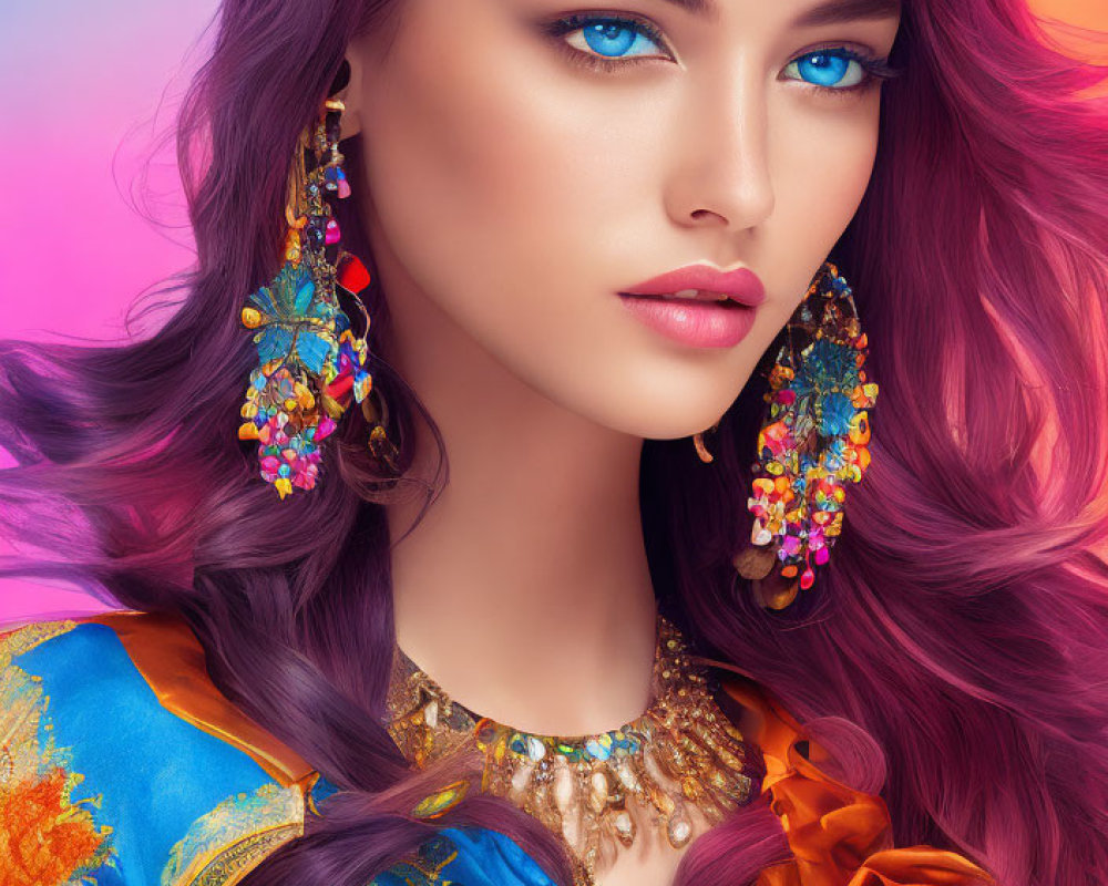 Vibrant pink hair woman with bold makeup and colorful accessories on multicolored backdrop
