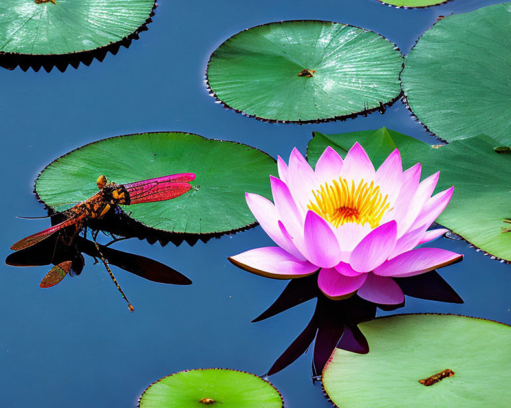 Pink Water Lily with Yellow Center, Dragonfly, and Lily Pads on Blue Water