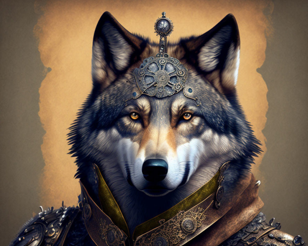Regal wolf with human-like features in ornate armor and headgear