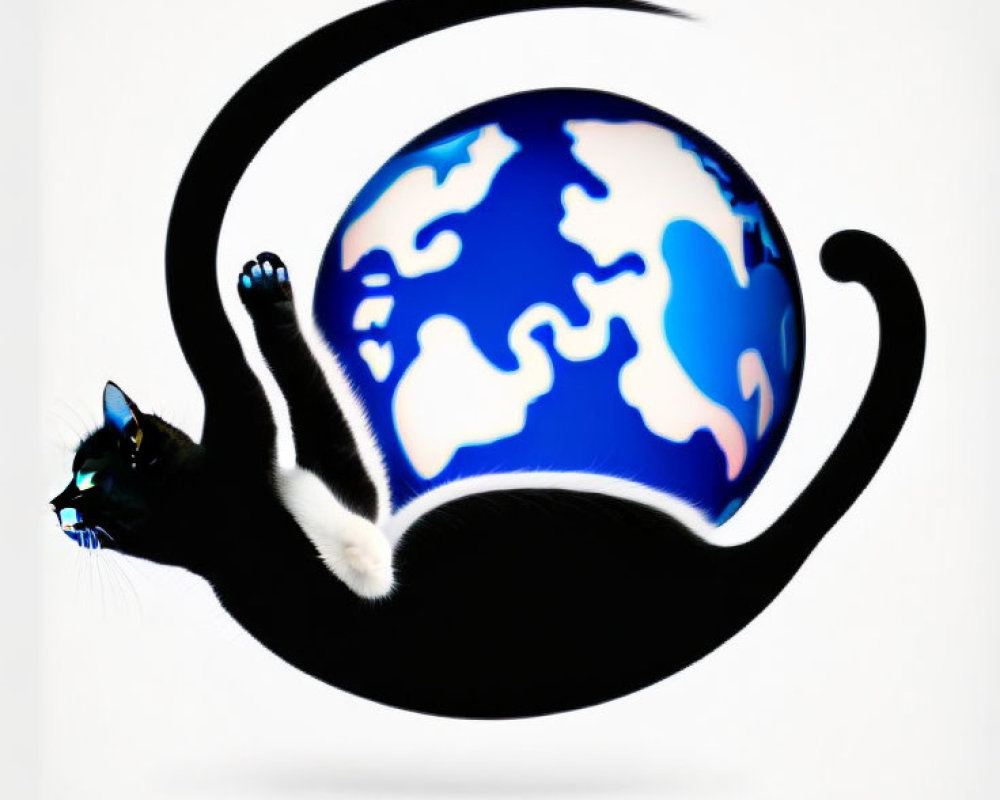 Black and white cat stretching with crescent silhouette around blue and white globe