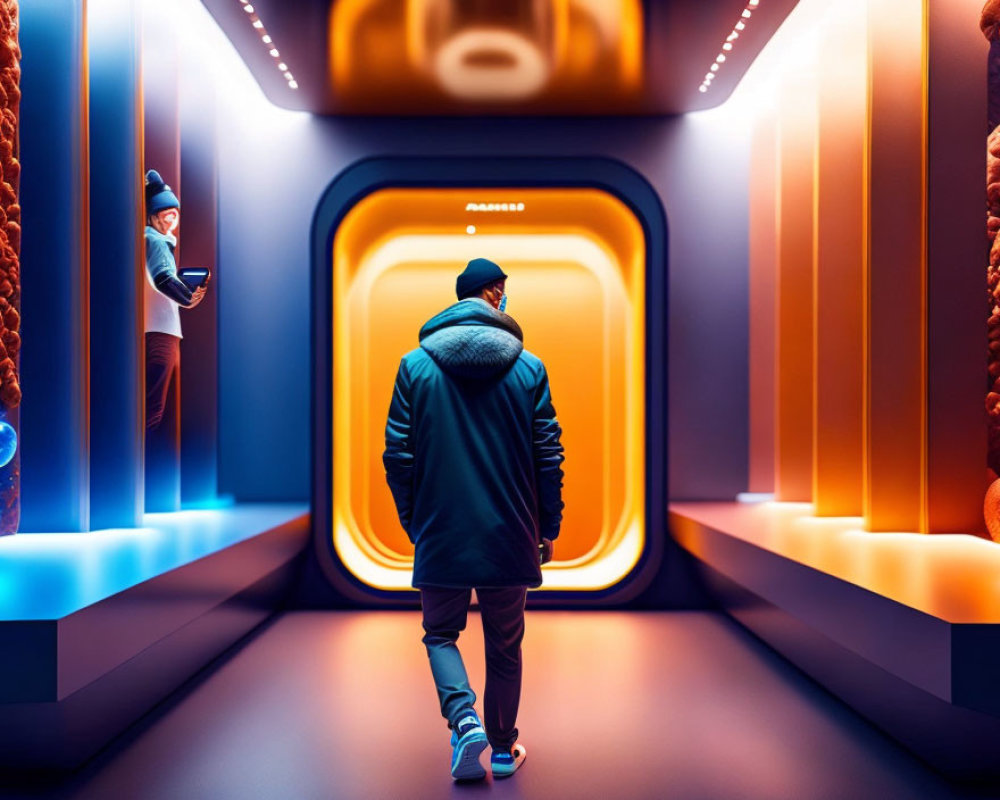 Two individuals in winter attire near futuristic tunnel, one walking, the other on phone.