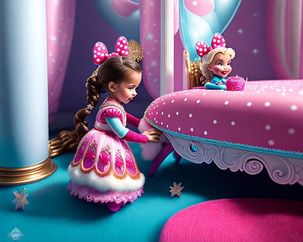 Young girl in pink dress admiring reflection in ornate mirror