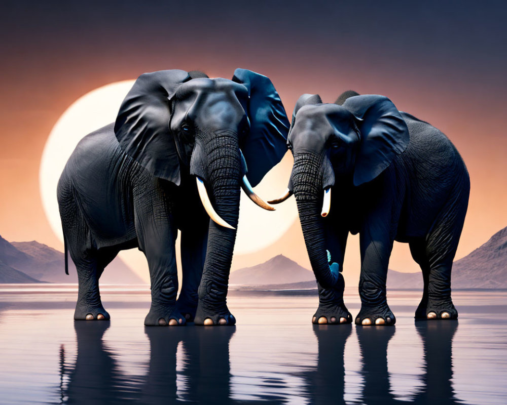 Elephants by tranquil lake with full moon and mountains at dusk
