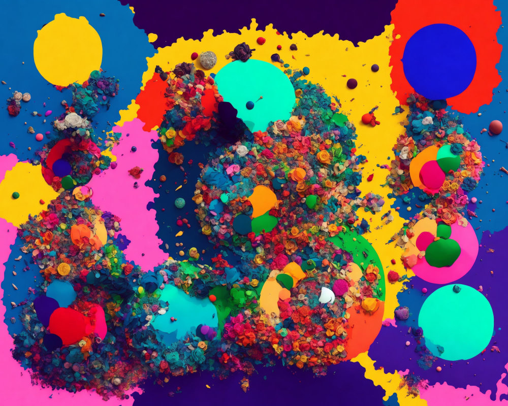 Colorful Abstract Art with Flowers and Spheres Scattered Throughout