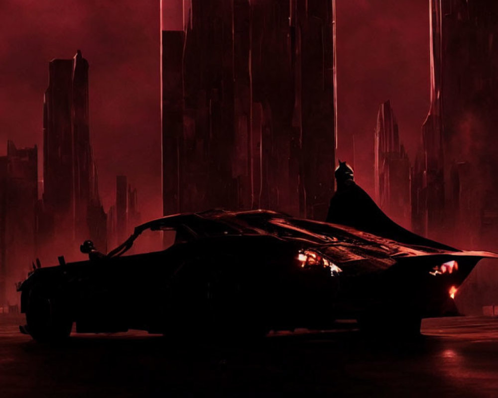 Silhouette of superhero next to iconic vehicle in dark cityscape