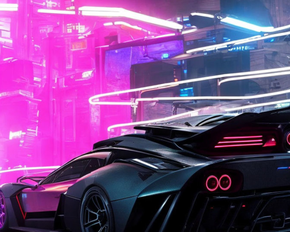 Black Sports Car with Red Accents Glowing under Neon City Lights
