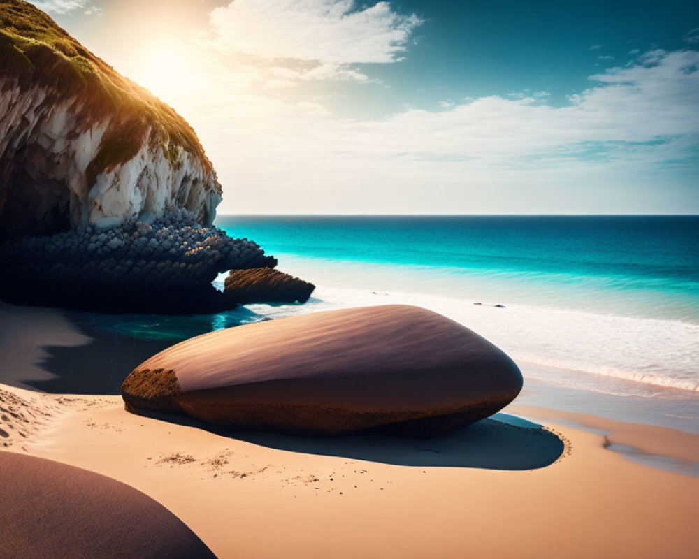 Tranquil beach scene with smooth rock, turquoise waters, sunshine, and blue sky