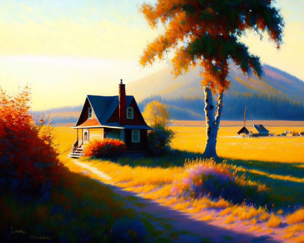 Tranquil autumn landscape with cozy house and vibrant trees
