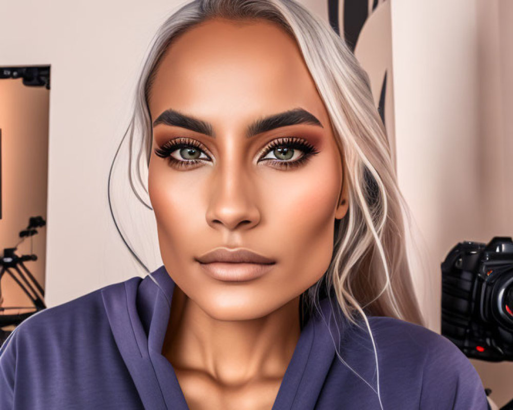 Portrait of person with striking makeup and blonde hair in purple top, with photography equipment.