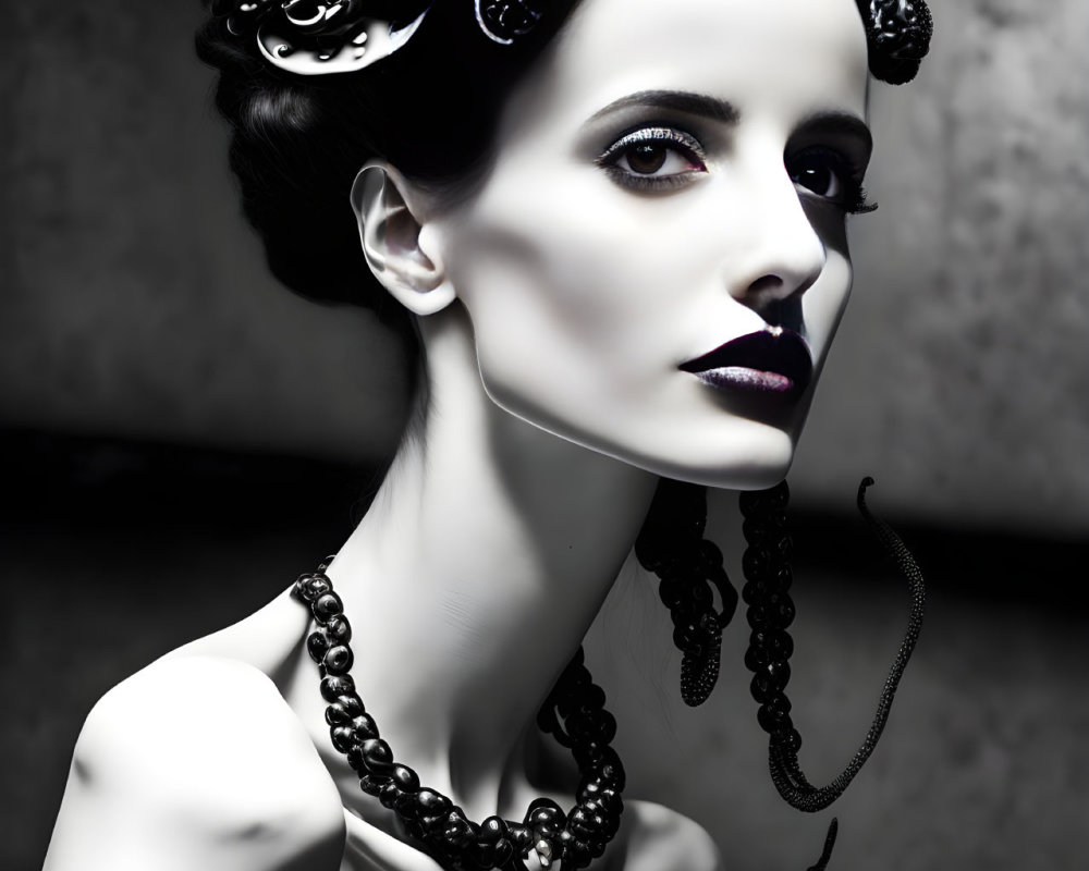 Monochrome portrait of pale woman with dark lipstick and elegant accessories