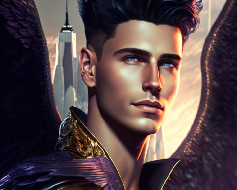 Stylized digital artwork of male figure with angel wings and futuristic armor against urban backdrop