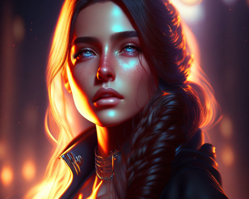 Digital artwork of woman with luminous skin, blue eyes, dark hair, backlit by orange lights