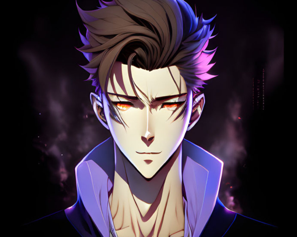 Male anime character with spiky hair and yellow eyes in dark jacket, ominous background