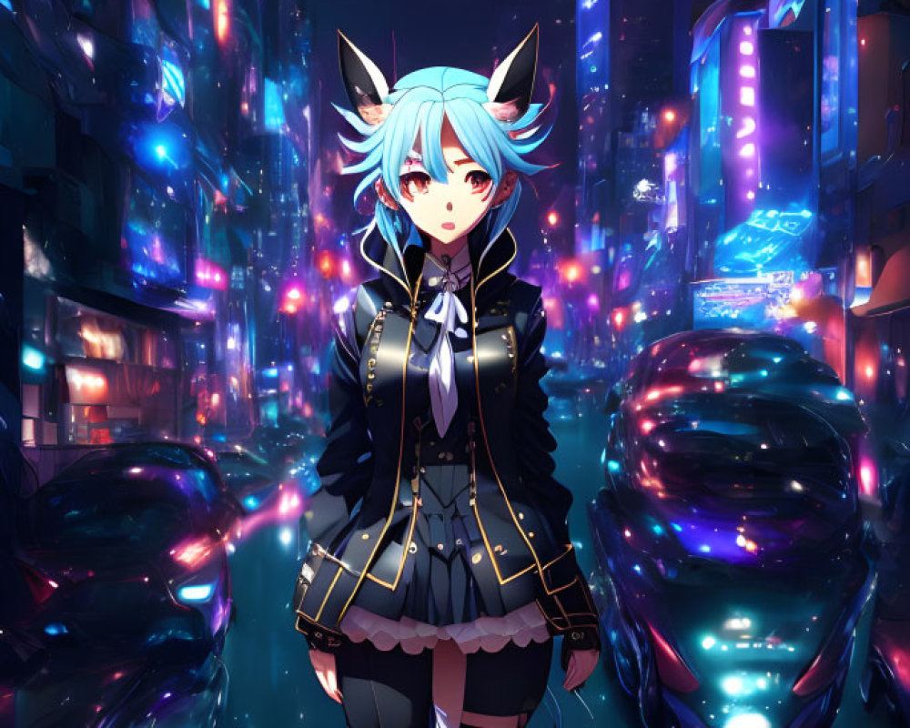 White-Haired Anime Character in Black Outfit on Neon-Lit Futuristic Street