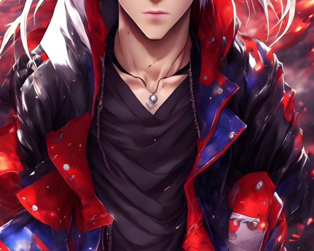 Anime character with white hair and sunglasses in red and black jacket on fiery backdrop.