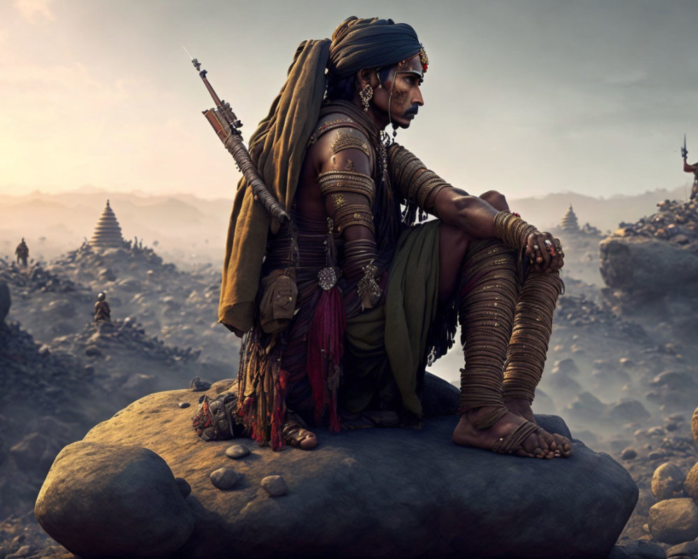 Warrior in traditional attire with arrows in desert landscape