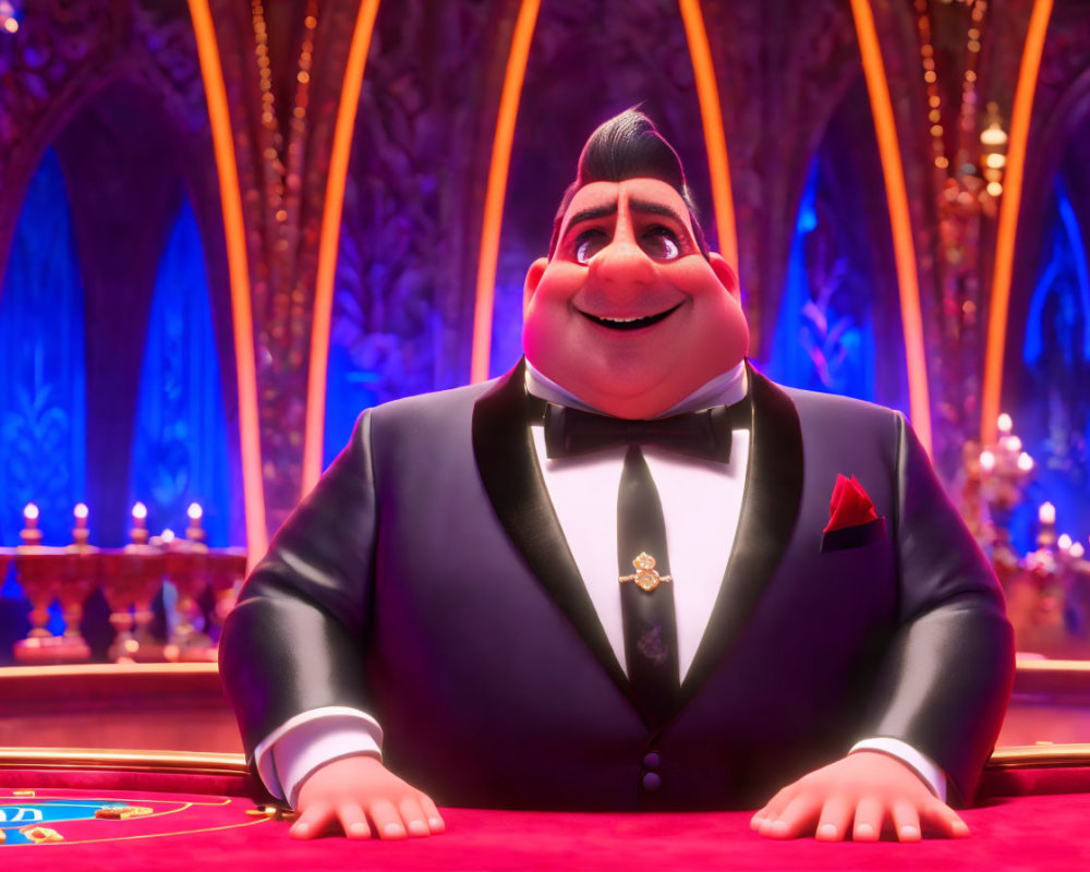 Animated character in black tuxedo at casino table in purple room