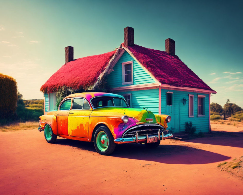 Vintage Multicolored Car Parked by Teal Wooden House with Red Thatched Roof