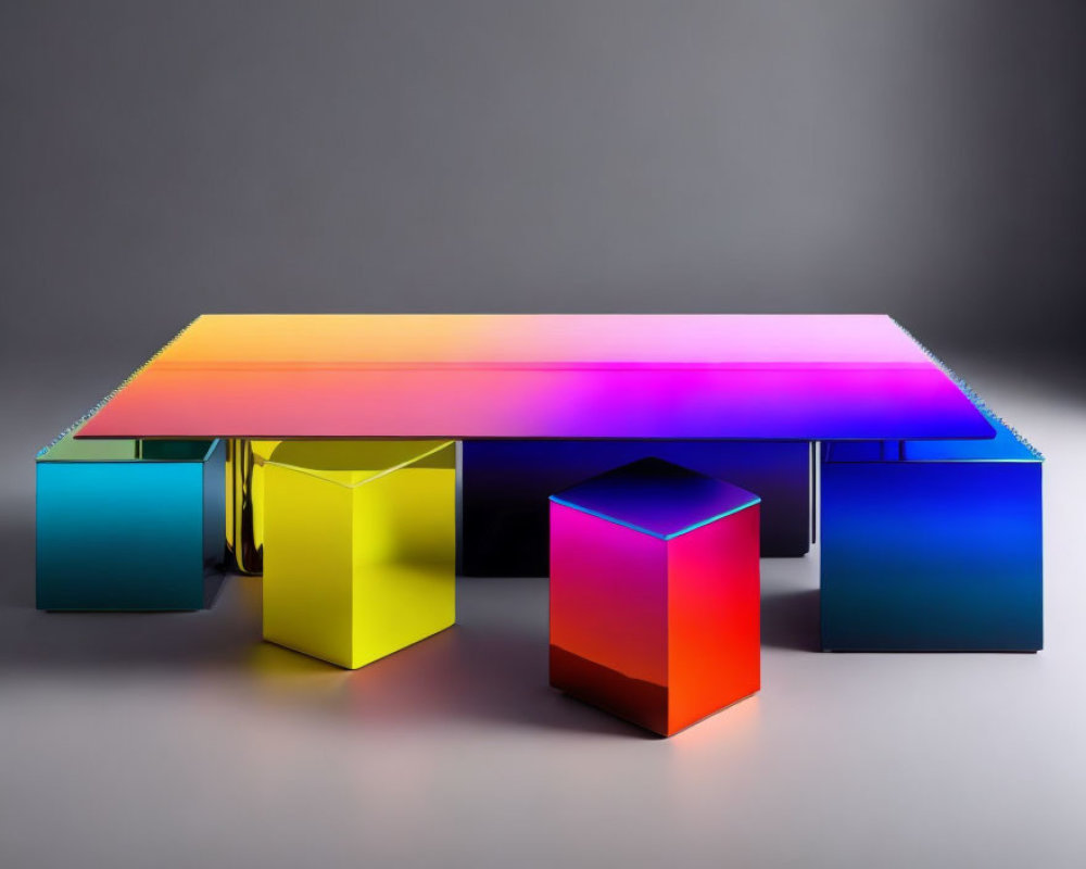Reflective Rainbow-Colored Table with Geometric Legs on Gradient Background