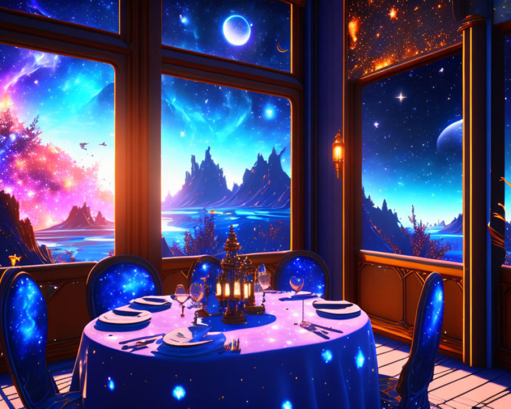 Cosmic-themed dining room with starry night view and elegantly set table