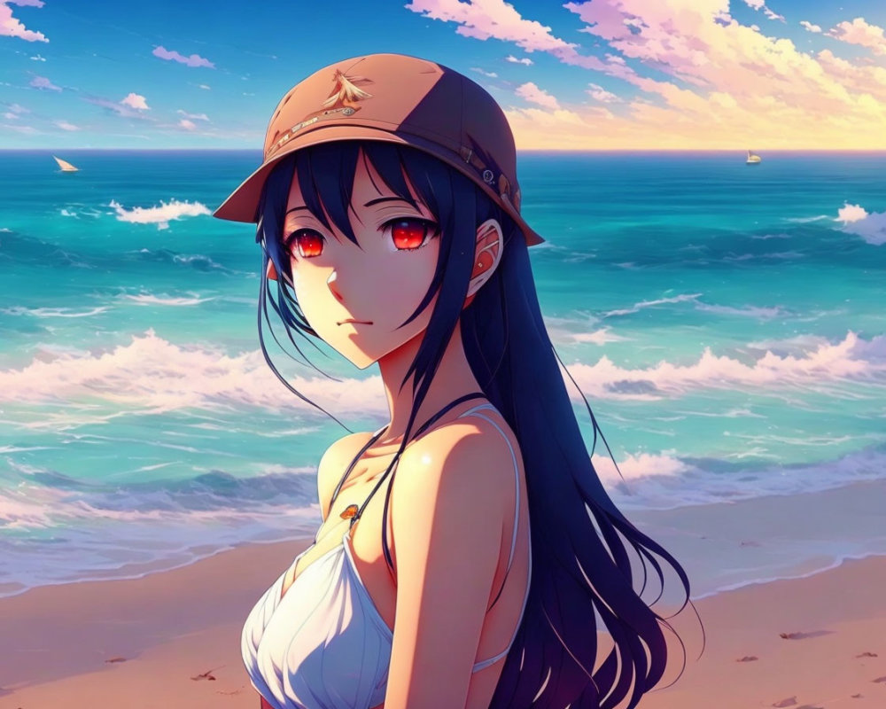 Long-haired anime girl in cap and white top on beach with blue sky and ocean