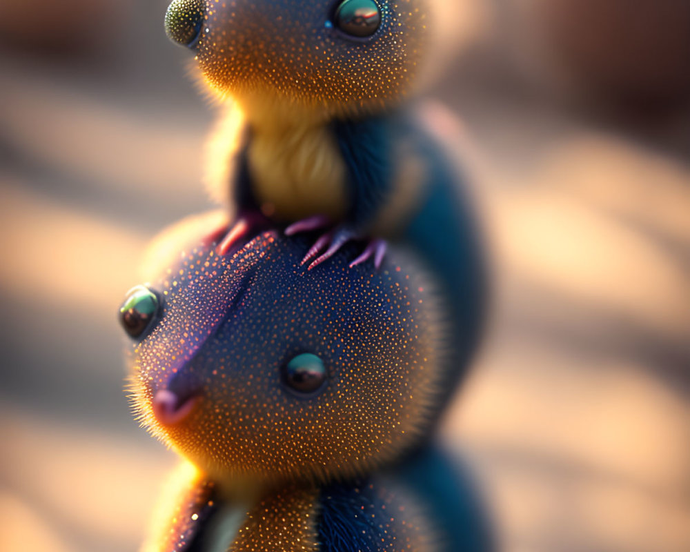 Sparkling spherical creatures with big eyes and stubby limbs on warm background