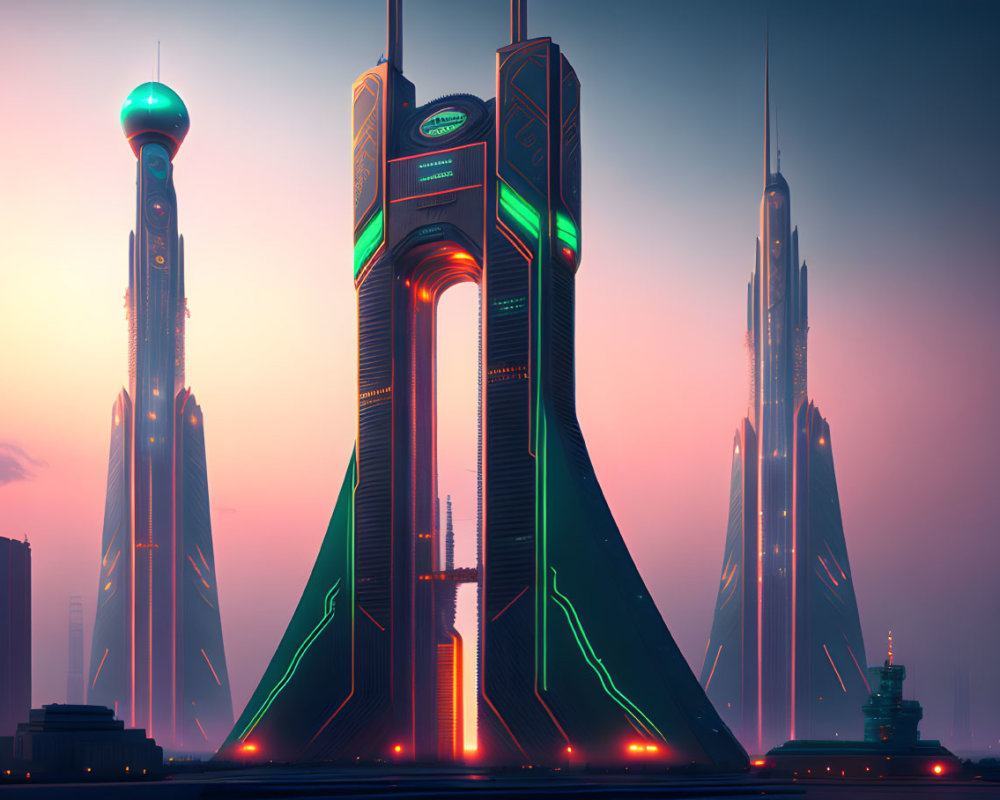 Futuristic twilight cityscape with neon-lit skyscrapers and central structure