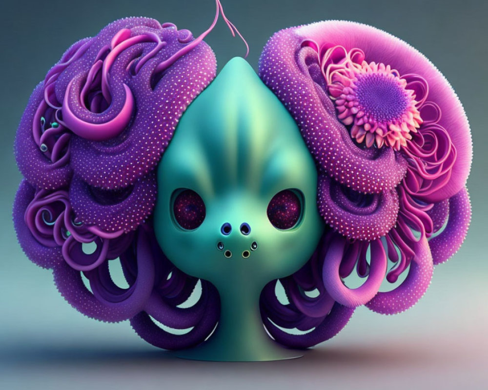 Colorful stylized creature with teal face and purple eyes in floral hair.