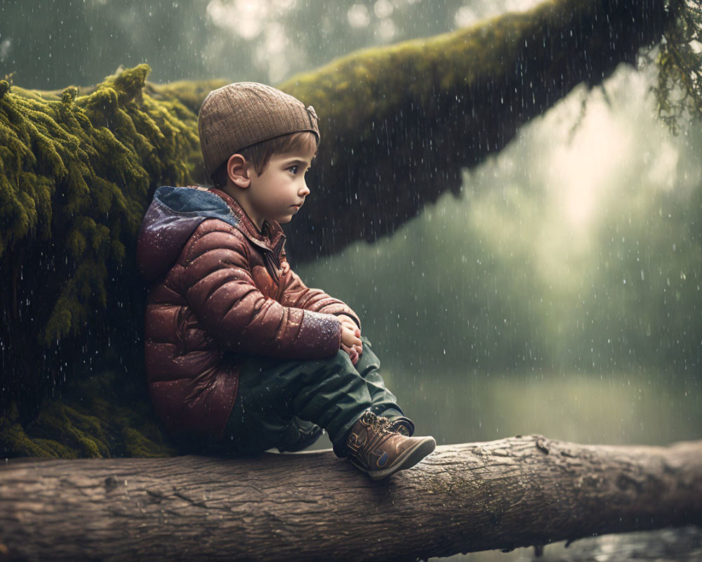 Child Sitting on Mossy Log in Serene Forest Rain
