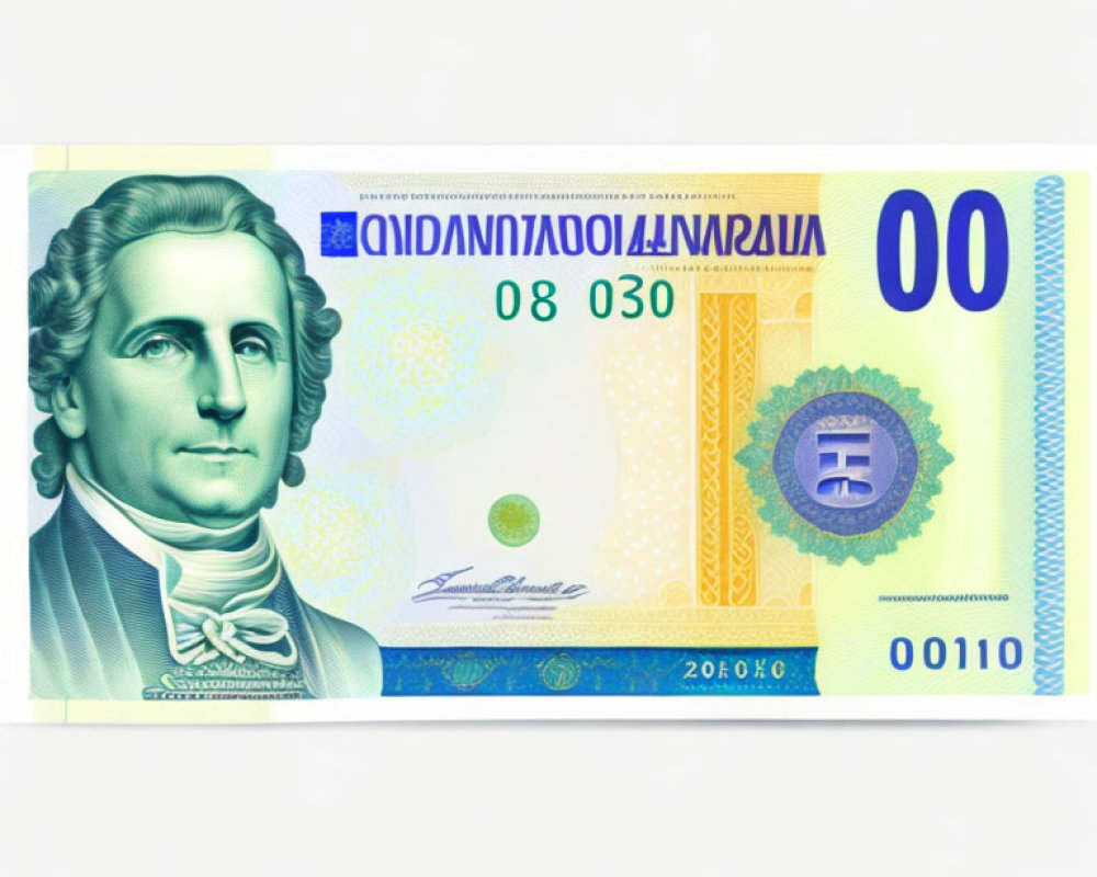 Vibrant banknote design with man portrait, intricate patterns, and serial numbers
