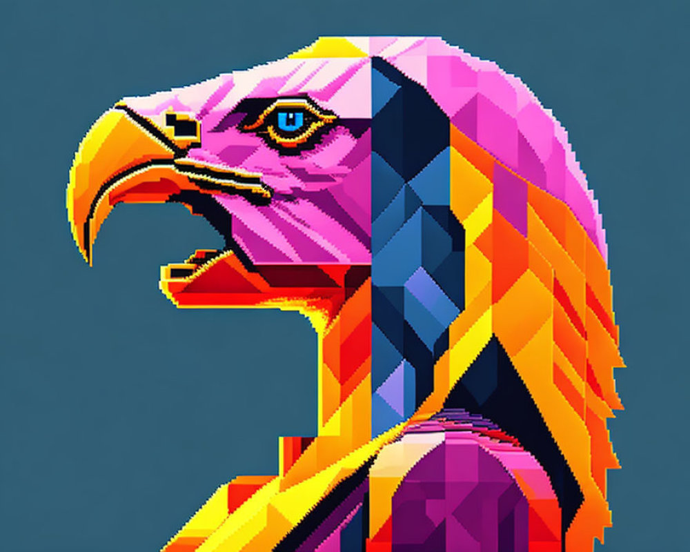 Vibrant low poly eagle art with purple, yellow, and orange geometric shapes