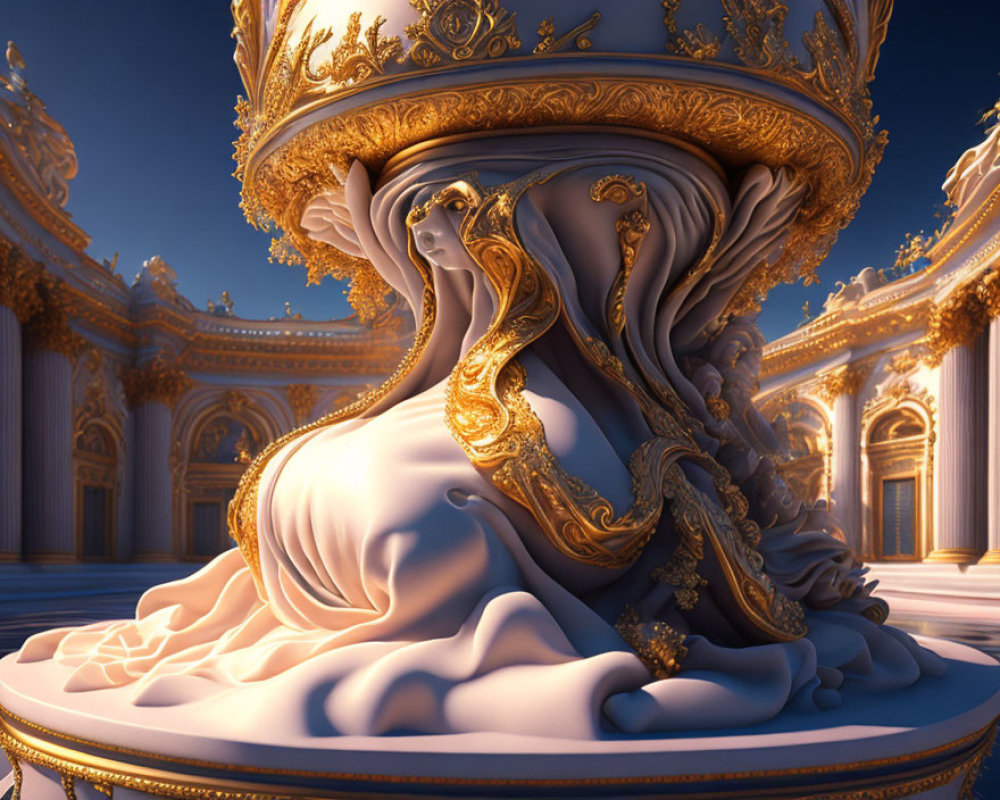 Golden Pedestal with Intricate Designs in Luxurious Hall