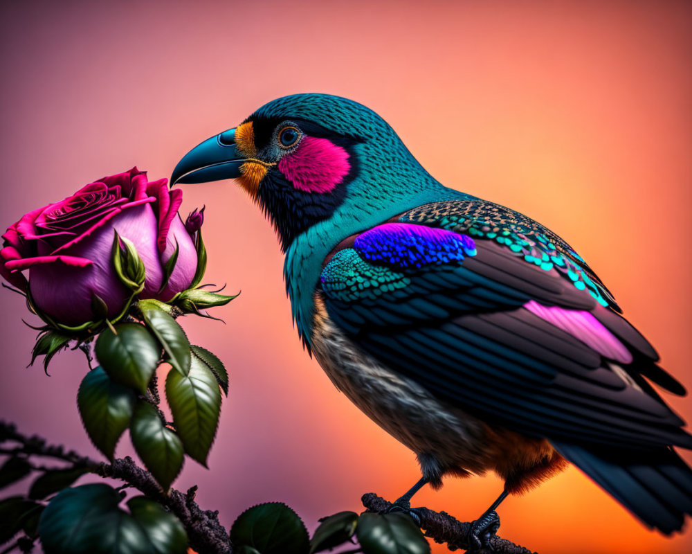 Colorful Starling with Blue and Teal Feathers Perched Near Pink Rose