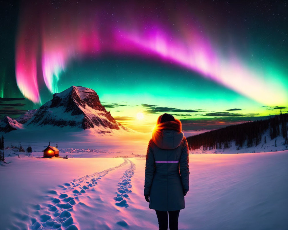 Snow-covered landscape with Northern Lights, mountain, cabin, and sunrise.