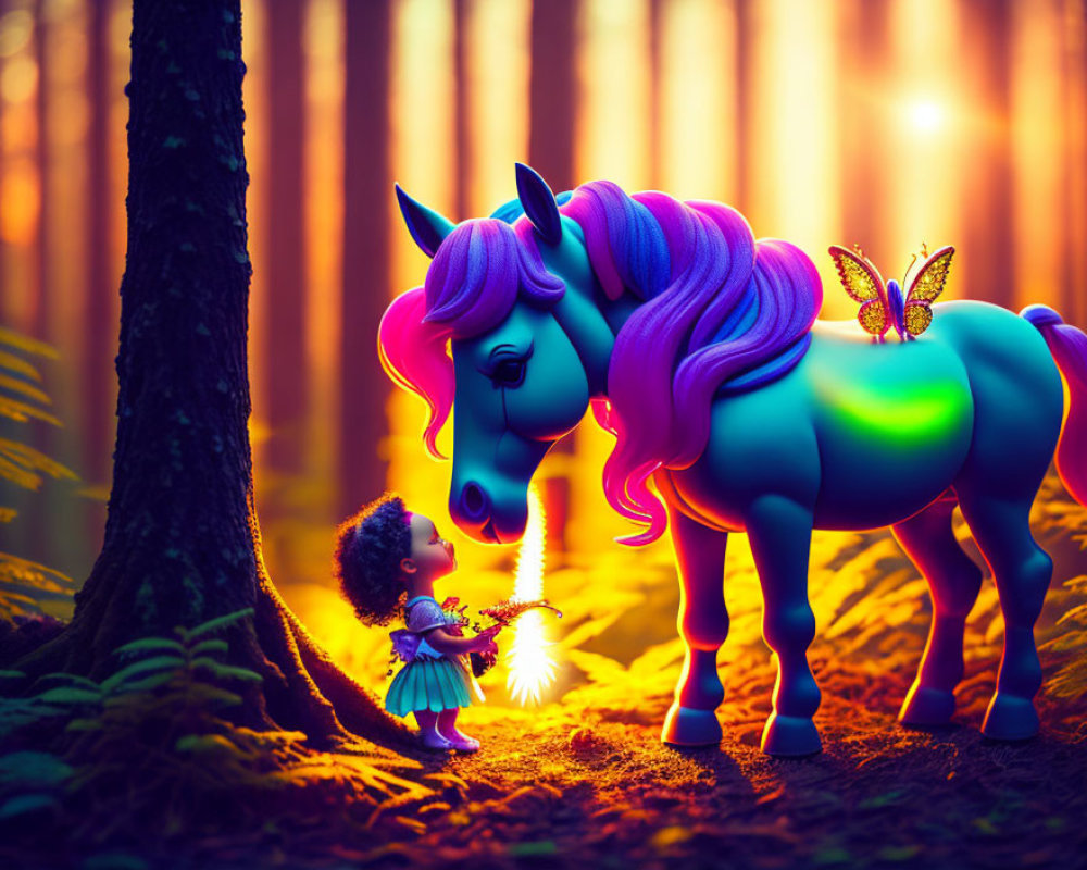 Colorful Unicorn Meets Toy-Like Girl with Magic Wand in Enchanted Forest