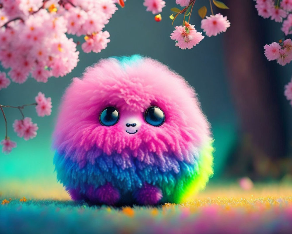 Colorful Fluffy Creature with Pink to Blue Gradient, Sparkly Eyes, Cute Expression, Cherry Bloss