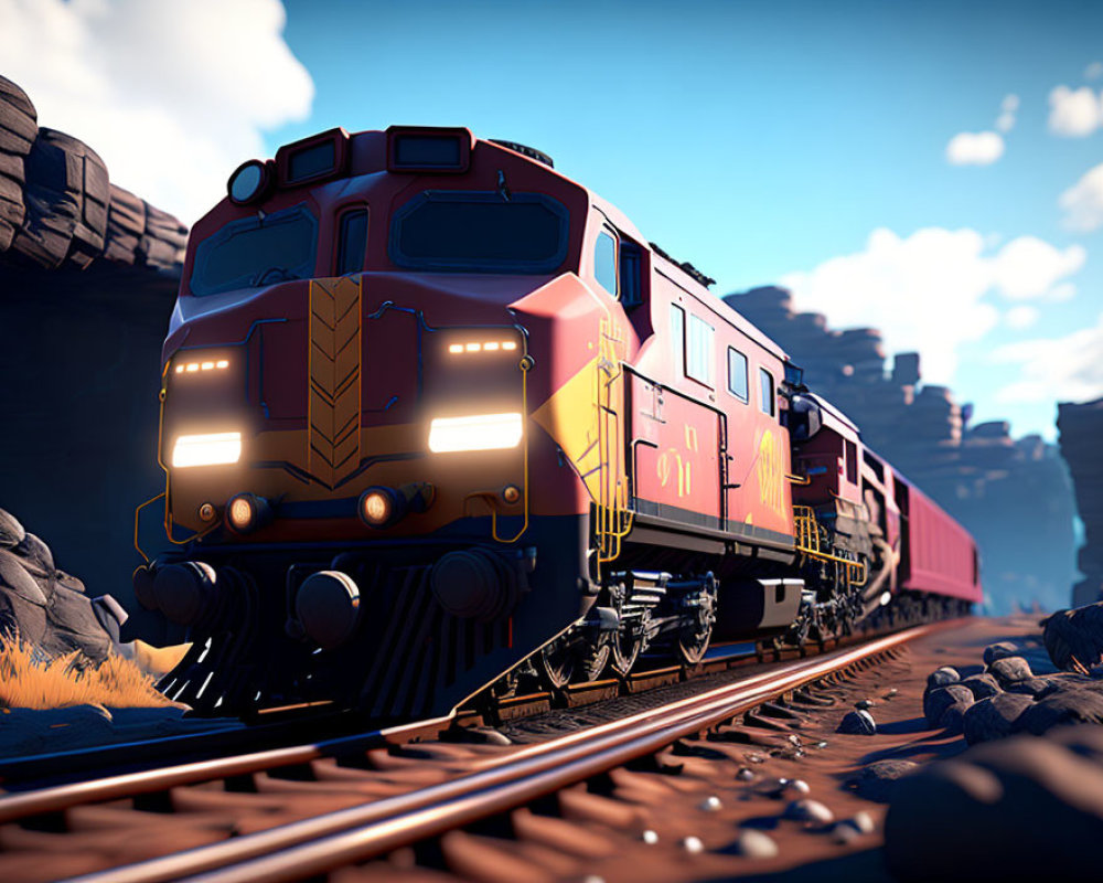 Red diesel locomotive pulling freight cars in rocky desert landscape